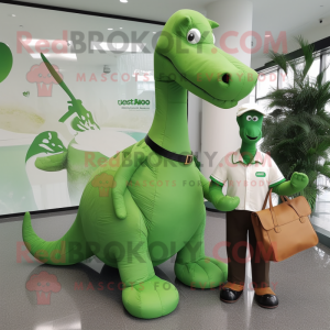 Forest Green Brachiosaurus mascot costume character dressed with a Culottes and Messenger bags