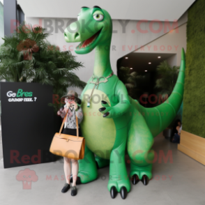 Forest Green Brachiosaurus mascot costume character dressed with a Culottes and Messenger bags