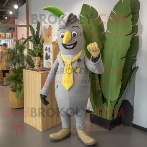 Gray Banana mascot costume character dressed with a Sheath Dress and Lapel pins