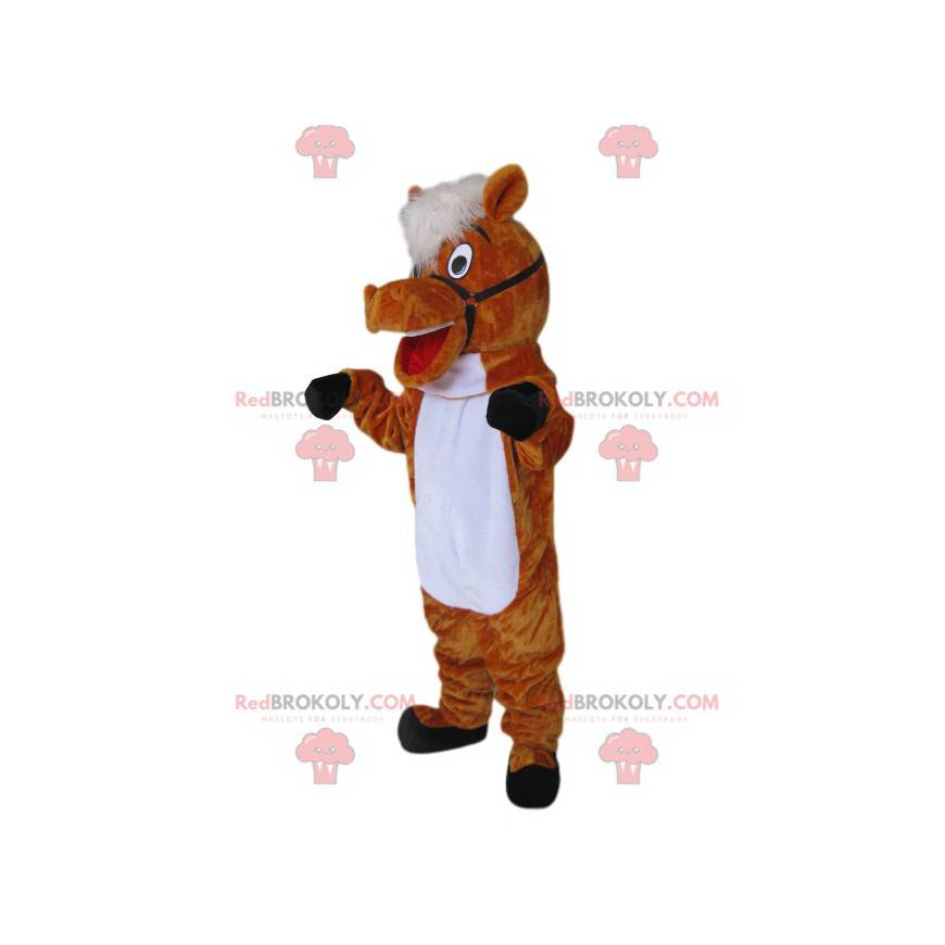 Mascote cavalo marrom super entusiasmado - Redbrokoly.com