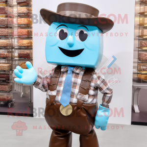 Cyan Chocolate Bars mascot costume character dressed with a Jeans and Bow ties