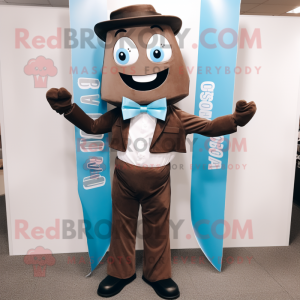 Cyan Chocolate Bars mascot costume character dressed with a Jeans and Bow ties