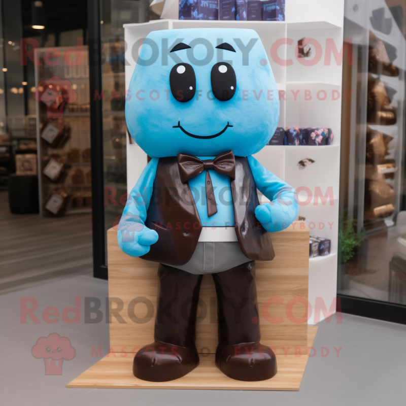 Cyan Chocolate Bars mascot costume character dressed with a Jeans and Bow ties Cyan Chocolate Bars mascot costume character dressed with a Jeans and Bow ties