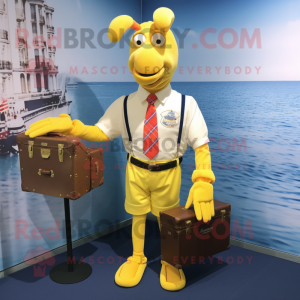 Yellow Lobster mascot costume character dressed with a Oxford Shirt and Briefcases