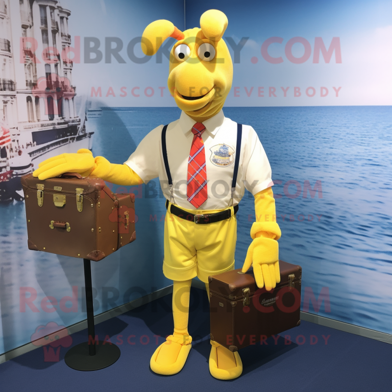 Yellow Lobster mascot costume character dressed with a Oxford Shirt and Briefcases Yellow Lobster mascot costume character dressed with a Oxford Shirt and Briefcases