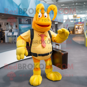Yellow Lobster mascot costume character dressed with a Oxford Shirt and Briefcases