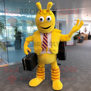 Yellow Lobster mascot costume character dressed with a Oxford Shirt and Briefcases