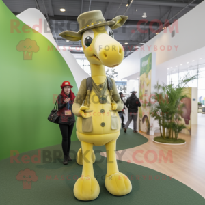 Olive Giraffe mascot costume character dressed with a Jeggings and Hats