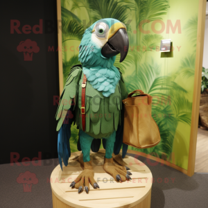 Olive Macaw mascot costume character dressed with a Swimwear and Clutch bags