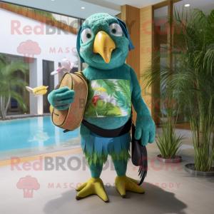 Olive Macaw mascot costume character dressed with a Swimwear and Clutch bags