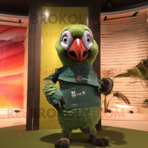 Olive Macaw mascot costume character dressed with a Swimwear and Clutch bags