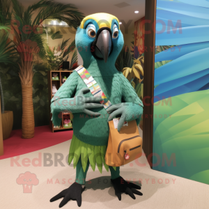 Olive Macaw mascot costume character dressed with a Swimwear and Clutch bags