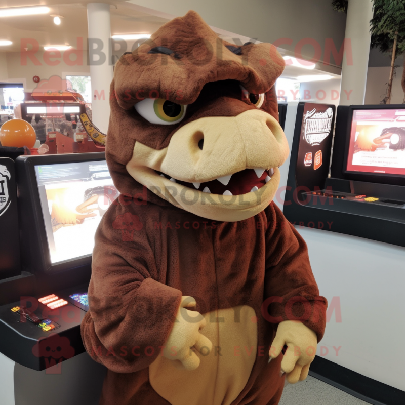 Brown Tyrannosaurus mascot costume character dressed with a Hoodie and Hair clips Brown Tyrannosaurus mascot costume character dressed with a Hoodie and Hair clips