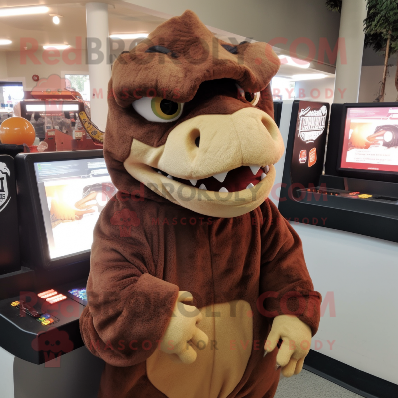 Brown Tyrannosaurus mascot costume character dressed with a Hoodie and Hair clips