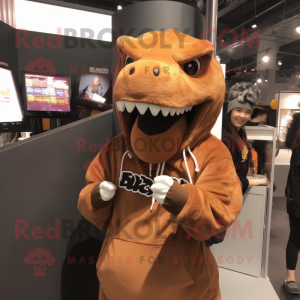 Brown Tyrannosaurus mascot costume character dressed with a Hoodie and Hair clips