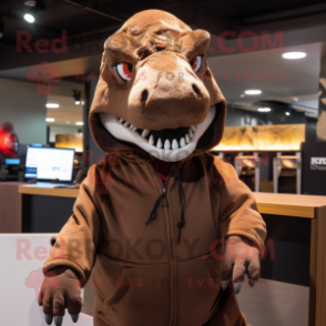 Brown Tyrannosaurus mascot costume character dressed with a Hoodie and Hair clips