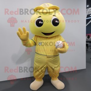 Lemon Yellow Baseball Glove mascot costume character dressed with a Romper and Mittens