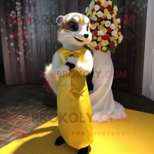 Yellow Ferret mascot costume character dressed with a Wedding Dress and Belts