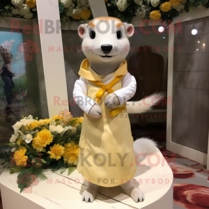 Yellow Ferret mascot costume character dressed with a Wedding Dress and Belts