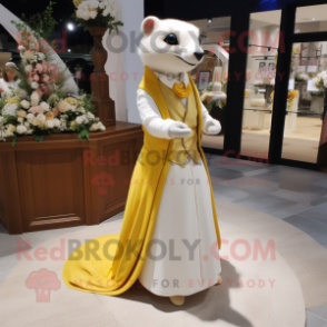 Yellow Ferret mascot costume character dressed with a Wedding Dress and Belts