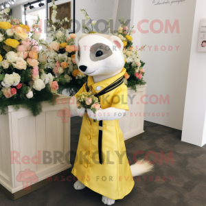 Yellow Ferret mascot costume character dressed with a Wedding Dress and Belts