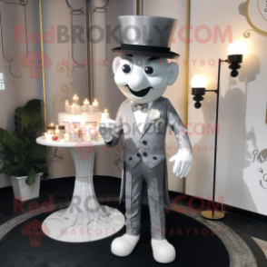 Silver Scented Candle mascot costume character dressed with a Suit Pants and Berets