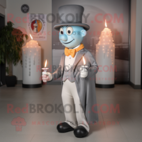 Silver Scented Candle mascot costume character dressed with a Suit Pants and Berets