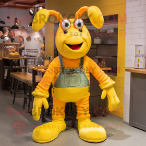 Yellow Lobster mascot costume character dressed with a Dungarees and Hairpins