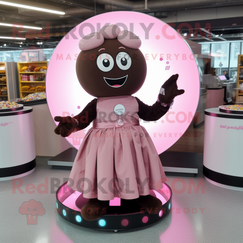 Pink Chocolates mascot costume character dressed with a Circle Skirt and Bracelets Pink Chocolates mascot costume character dressed with a Circle Skirt and Bracelets