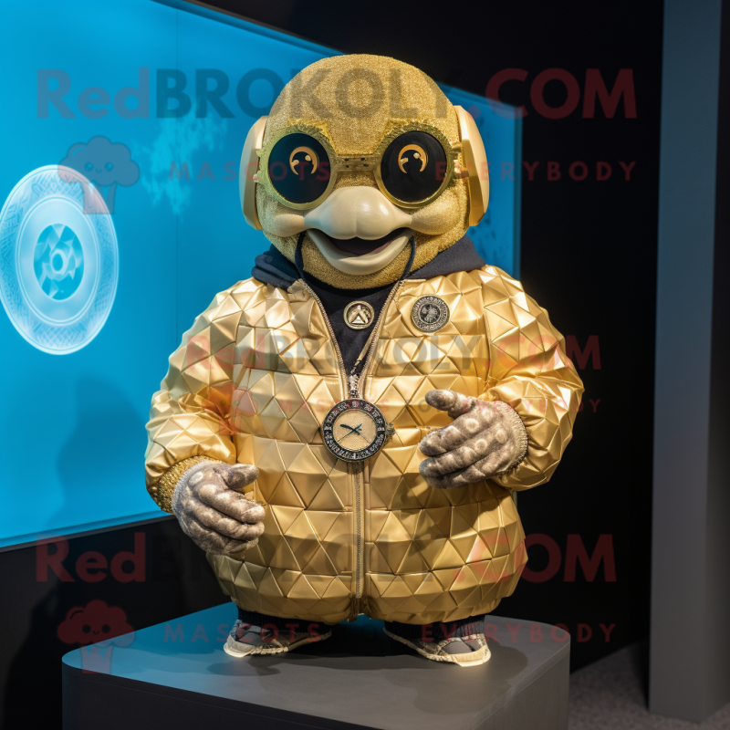 Gold Oyster mascot costume character dressed with a Bomber Jacket and Bracelet watches