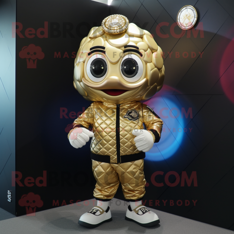 Gold Oyster mascot costume character dressed with a Bomber Jacket and Bracelet watches