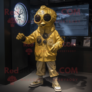 Gold Oyster mascot costume character dressed with a Bomber Jacket and Bracelet watches