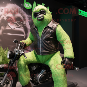Lime Green Giant Sloth mascot costume character dressed with a Biker Jacket and Suspenders