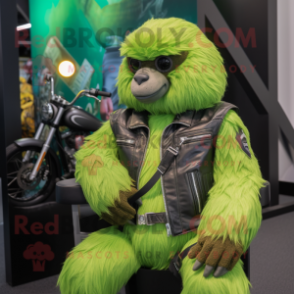 Lime Green Giant Sloth mascot costume character dressed with a Biker Jacket and Suspenders