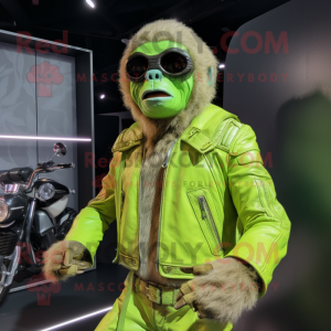 Lime Green Giant Sloth mascot costume character dressed with a Biker Jacket and Suspenders