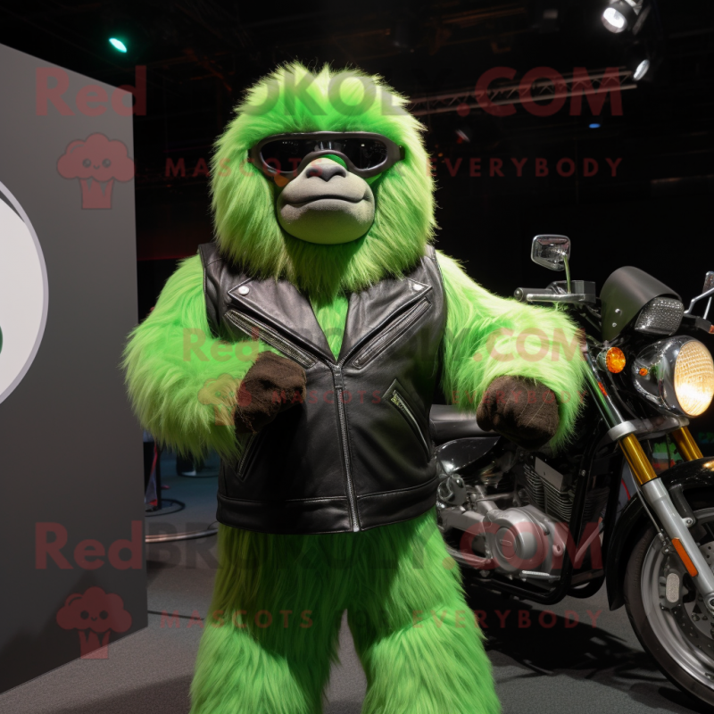 Lime Green Giant Sloth mascot costume character dressed with a Biker Jacket and Suspenders Lime Green Giant Sloth mascot costume character dressed with a Biker Jacket and Suspenders