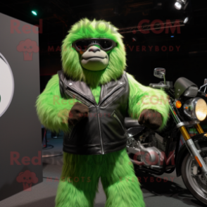 Lime Green Giant Sloth mascot costume character dressed with a Biker Jacket and Suspenders