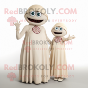 Cream Cyclops mascot costume character dressed with a Maxi Dress and Berets