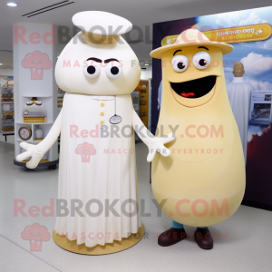 Cream Cyclops mascot costume character dressed with a Maxi Dress and Berets