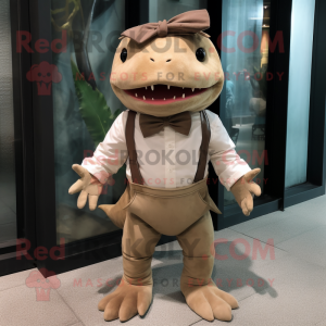 Brown Axolotls mascot costume character dressed with a Chinos and Bow ties