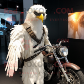 White Harpy mascot costume character dressed with a Moto Jacket and Earrings