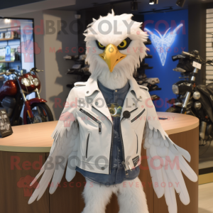 White Harpy mascot costume character dressed with a Moto Jacket and Earrings