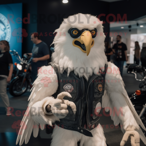 White Harpy mascot costume character dressed with a Moto Jacket and Earrings