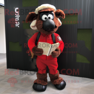 Red Suffolk Sheep mascot costume character dressed with a Cargo Pants and Reading glasses