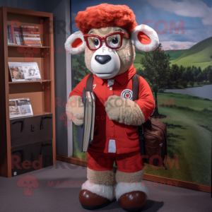 Red Suffolk Sheep mascot costume character dressed with a Cargo Pants and Reading glasses