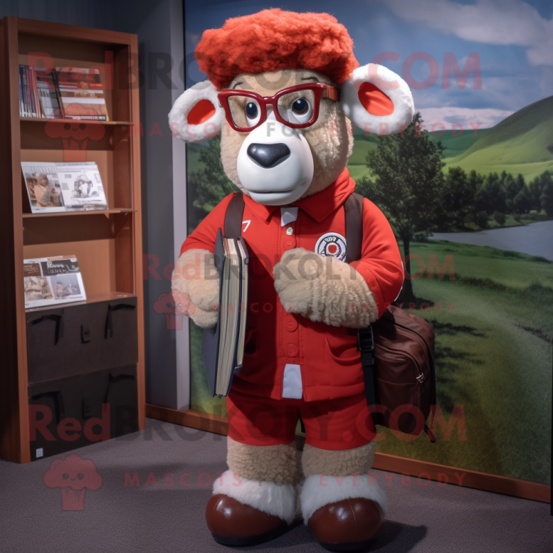 Red Suffolk Sheep mascot costume character dressed with a Cargo Pants and Reading glasses Red Suffolk Sheep mascot costume character dressed with a Cargo Pants and Reading glasses