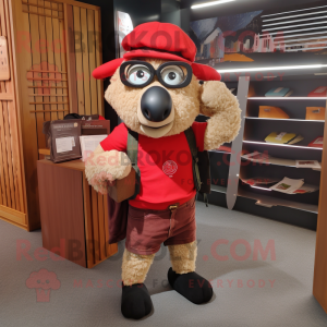 Red Suffolk Sheep mascot costume character dressed with a Cargo Pants and Reading glasses