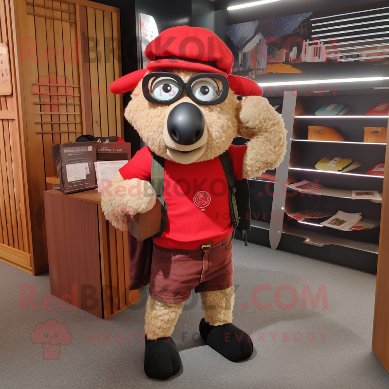 Red Suffolk Sheep mascot costume character dressed with a Cargo Pants and Reading glasses Red Suffolk Sheep mascot costume character dressed with a Cargo Pants and Reading glasses