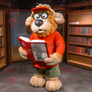 Red Suffolk Sheep mascot costume character dressed with a Cargo Pants and Reading glasses