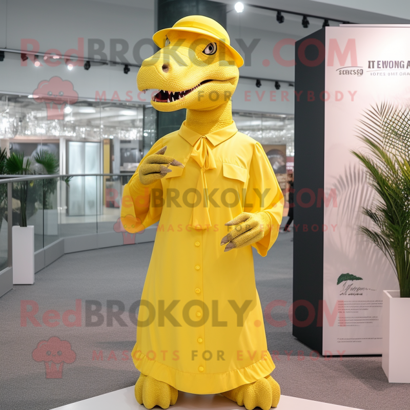 Lemon Yellow Tyrannosaurus mascot costume character dressed with a Maxi Dress and Hat pins